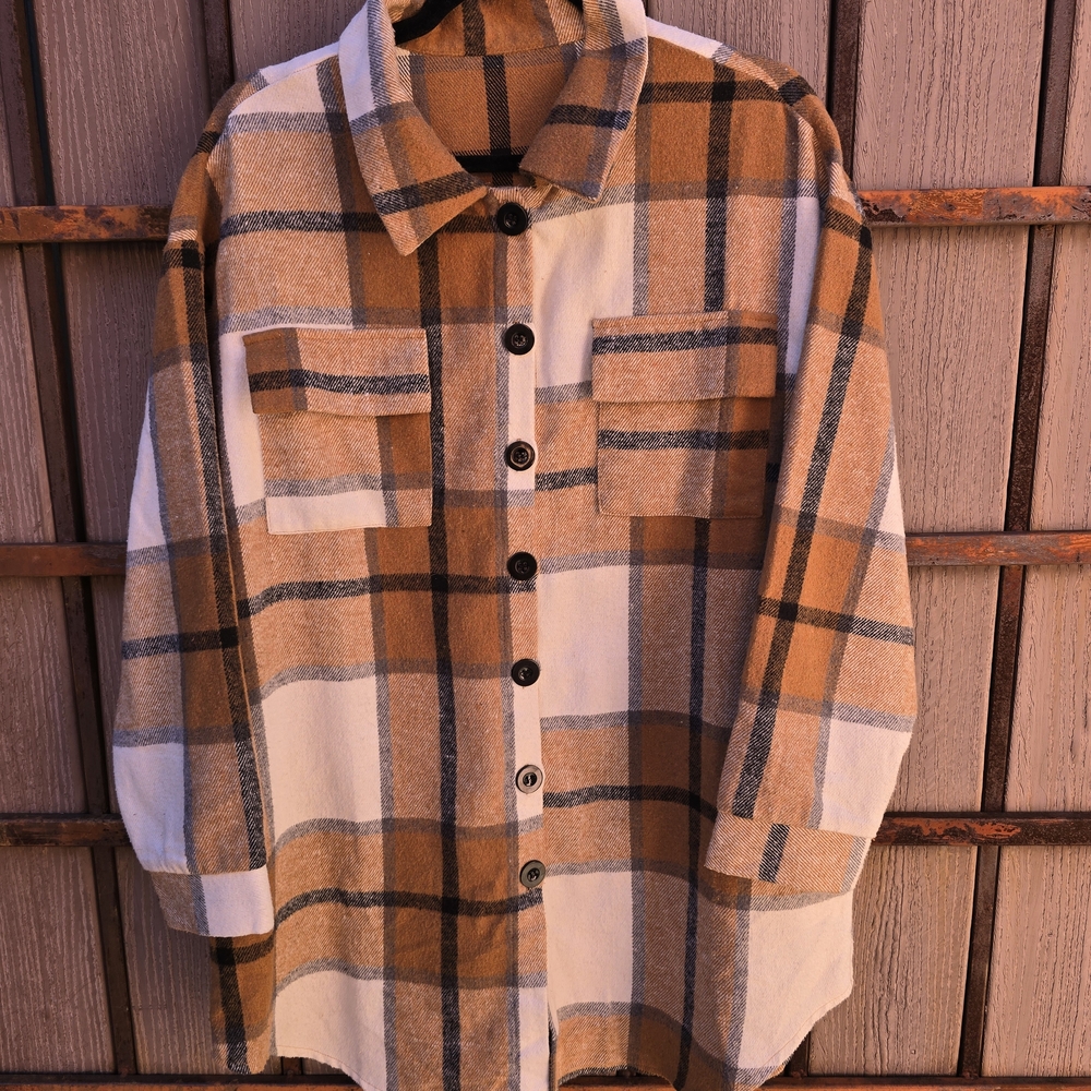 SHEIN Plaid Shirt in Tan and Cream